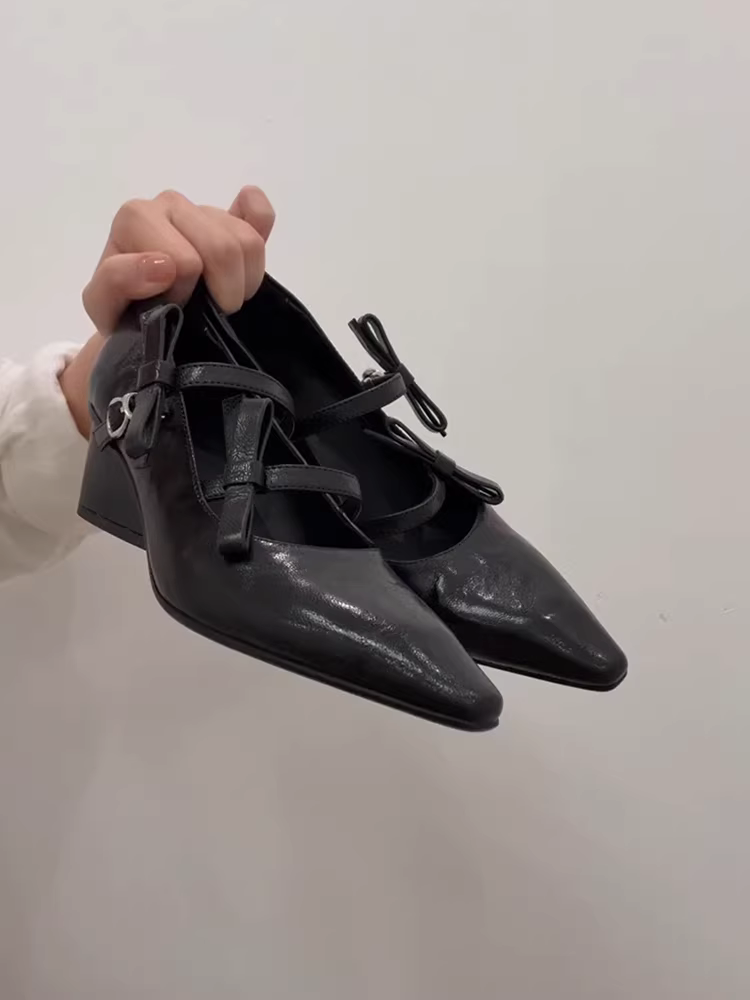 Phiên bản da cừu ~ Giày da đi làm phong cách cổ điển dành cho nữ, mũi nhọn màu đen, quai đơn có nơ, giày Mary Jane