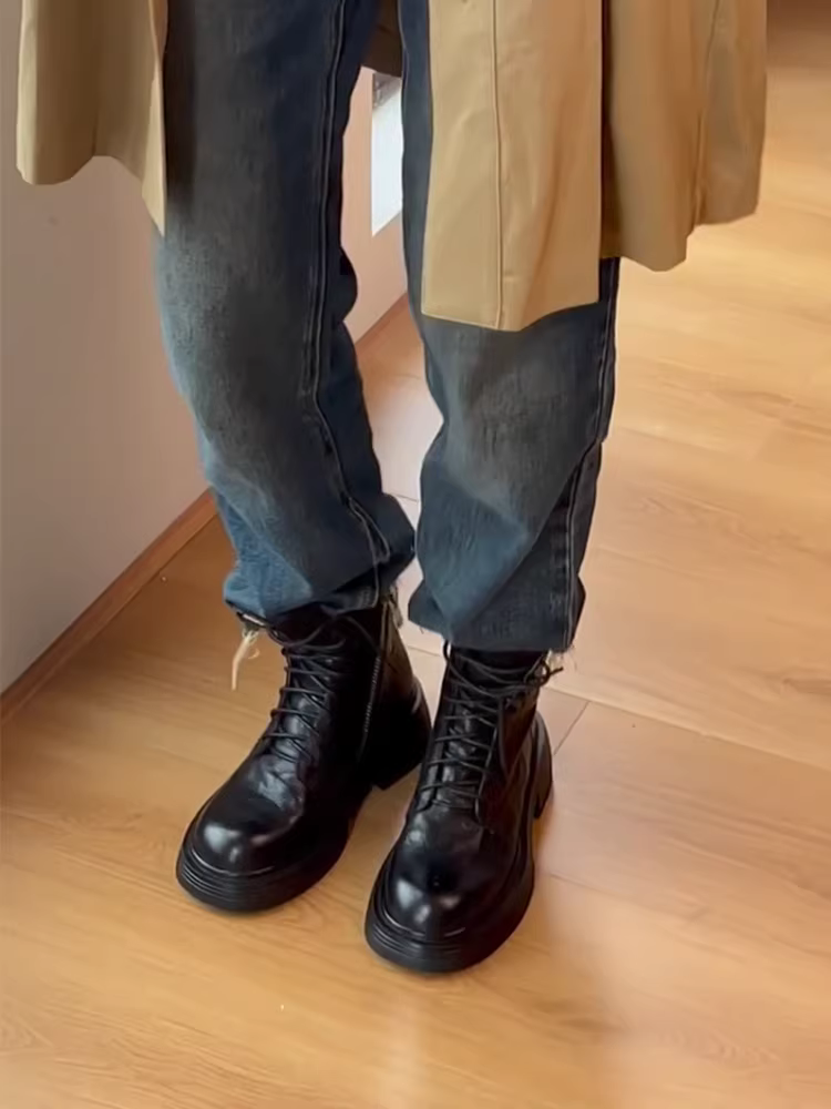 Phiên bản da bò ~ Giày bốt Martin đế dày đế dày kiểu cổ điển dành cho nữ, giày bốt cổ ngắn kiểu Anh có dây buộc bằng da thật có khóa kéo bên hông kiểu Anh