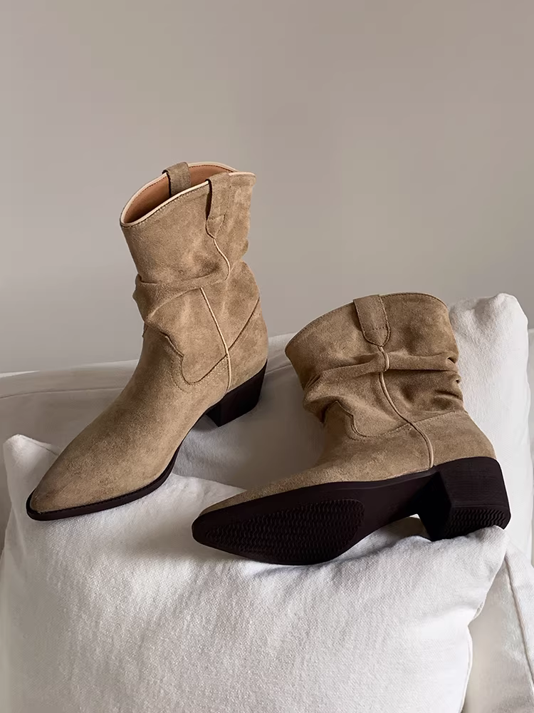 Phiên bản da bò ~ Giày bốt xếp ly kiểu dáng thời trang phong cách wasteland bằng da thật dành cho nữ, giày bốt kiểu phương Tây mũi nhọn cổ điển, đế dày, đi ngoài trời