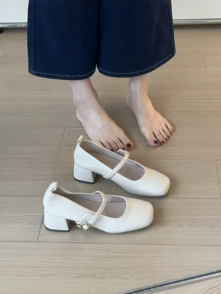 Phiên bản da cừu ~ Giày Mary Jane phong cách cổ điển Pháp với mũi vuông nông, giày cao gót đi làm bằng da mềm đa năng dành cho nữ