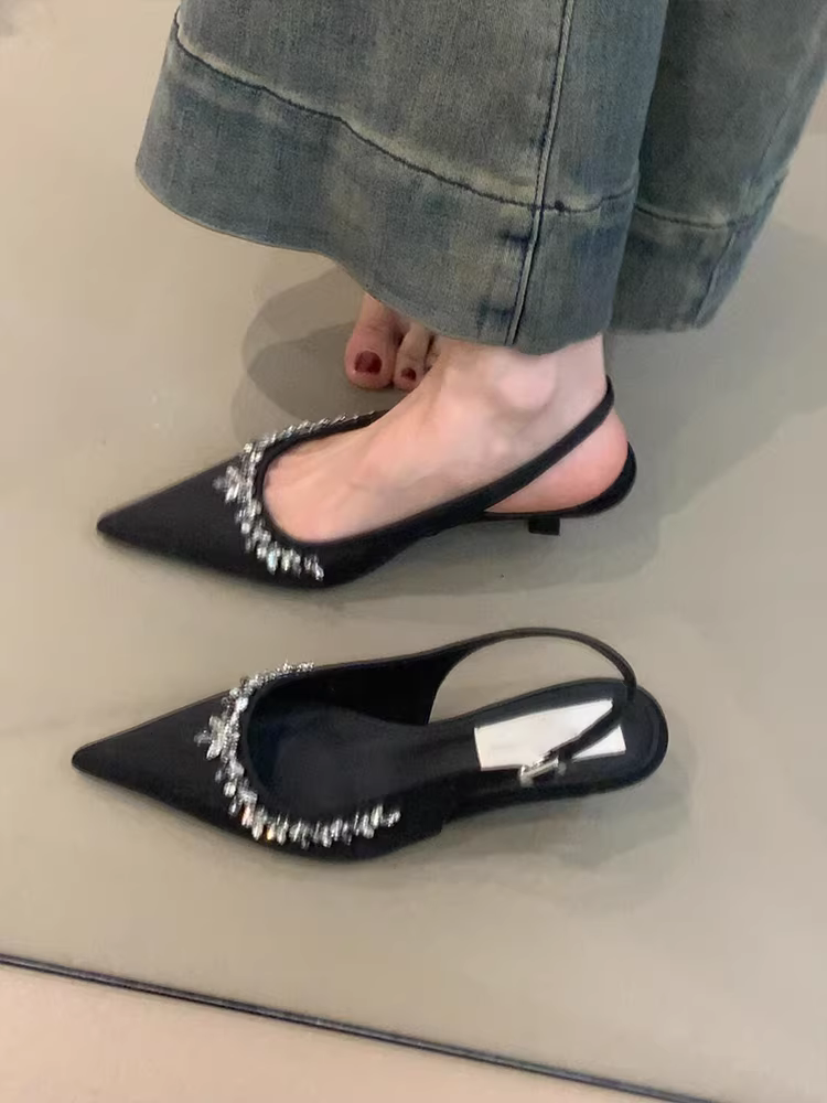 Phiên bản da cừu ~ Giày cao gót đính đá cho nữ, dép xỏ ngón kiểu cổ tích có dây đeo phía sau, mũi nhọn, giày đơn thanh lịch.