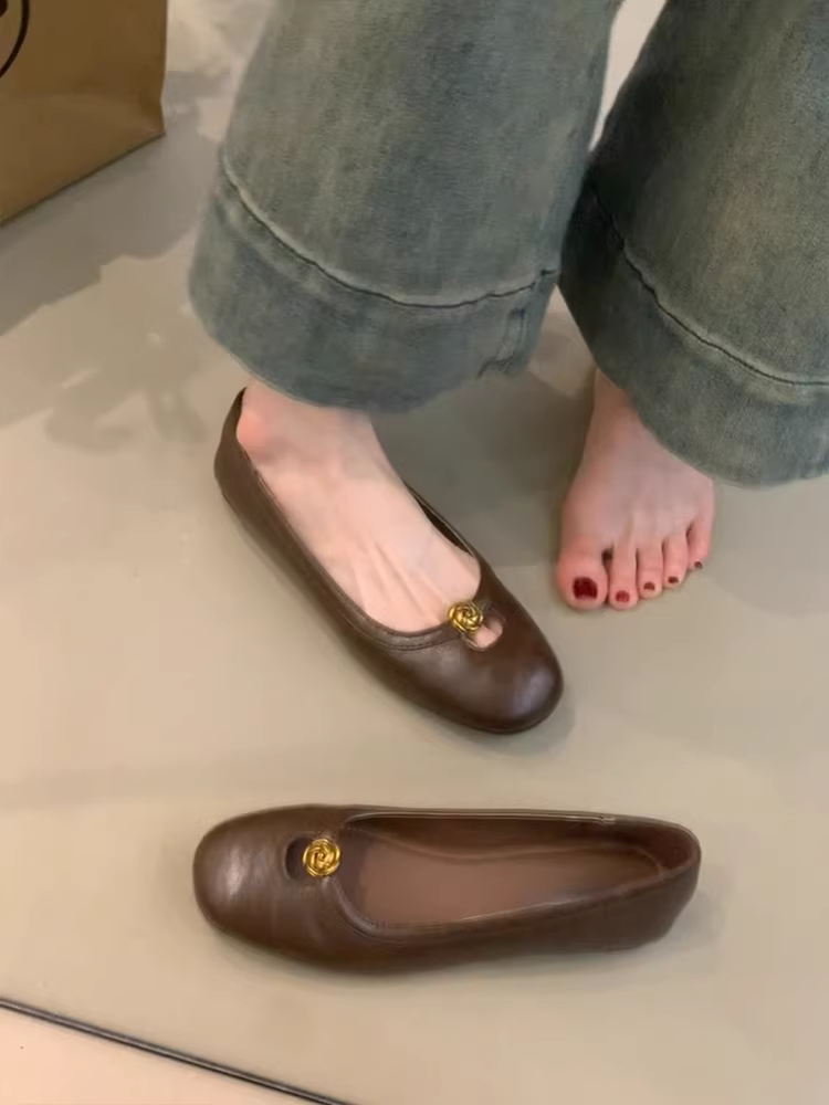 Phiên bản da cừu ~ Giày đế bằng đa năng, đơn giản, thoải mái, mũi tròn, da thật, kiểu dáng đơn giản, dành cho nữ