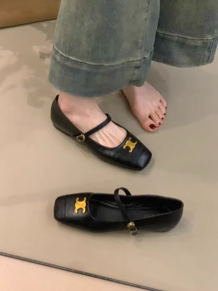 Phiên bản da cừu ~ phong cách buổi tối cổ điển giày đế bằng da thật mũi vuông quai đơn đa năng kiểu Mary Jane