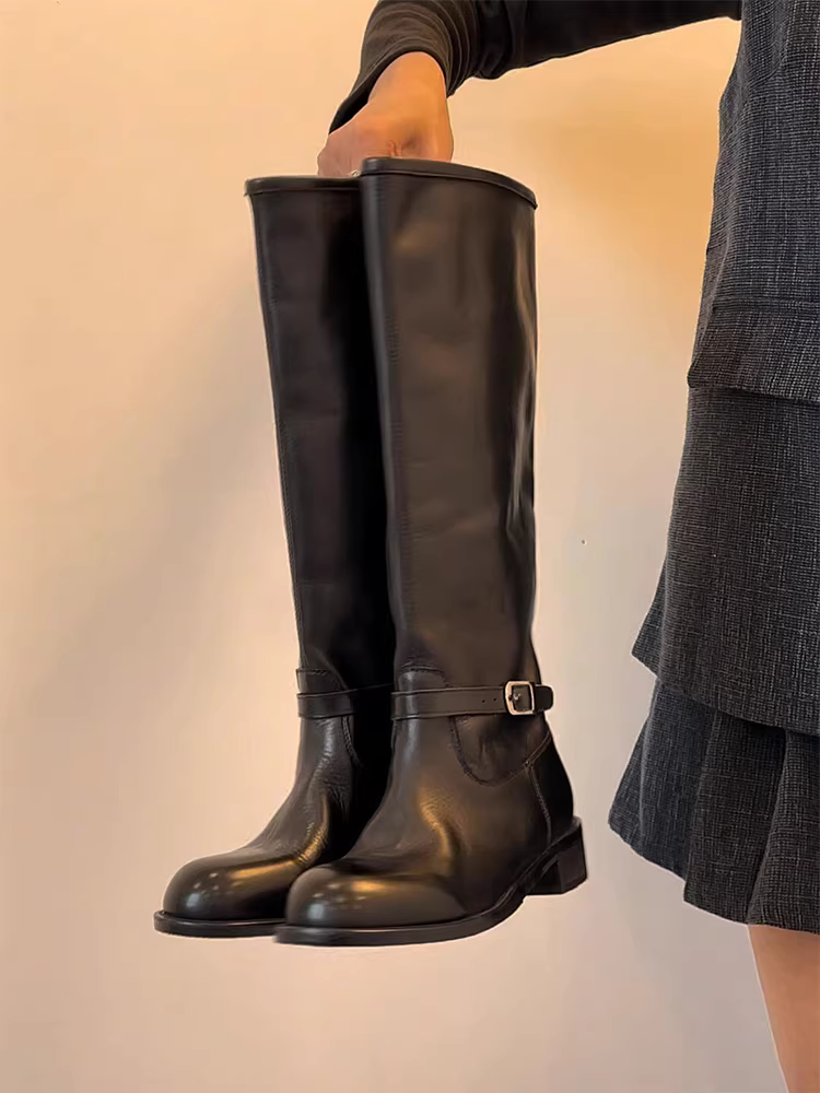 Phiên bản da bò ~ Giày bốt da thật cao cấp trên đầu gối dành cho nữ, phong cách Anh Pháp có khóa thắt lưng, giày bốt cưỡi ngựa mũi tròn thon gọn.