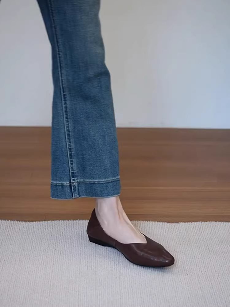 Phiên bản da cừu ~ Giày lười mũi nhọn đơn giản màu nâu cổ điển dành cho nữ, da thật, giày công sở đế bằng đa năng