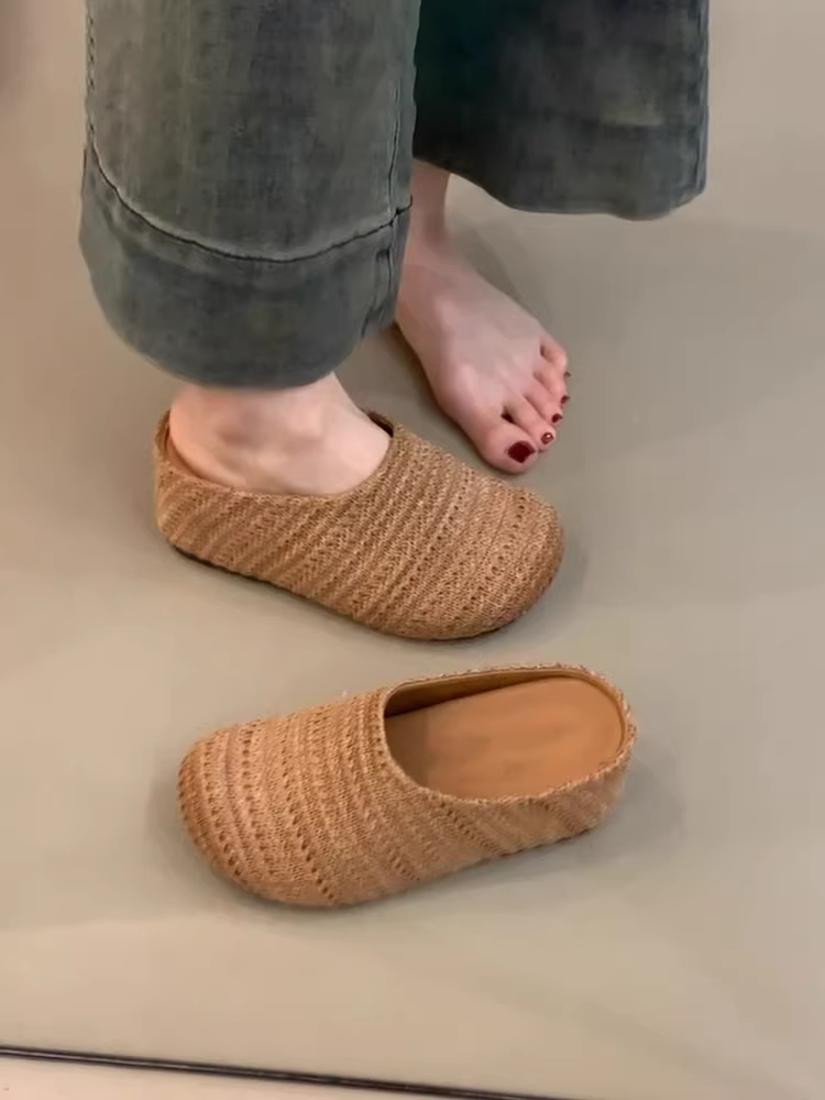 Phiên bản da cừu ~ Giày đế dày dệt kiểu cổ điển dành cho nữ, giày mules kiểu bohemian mới.