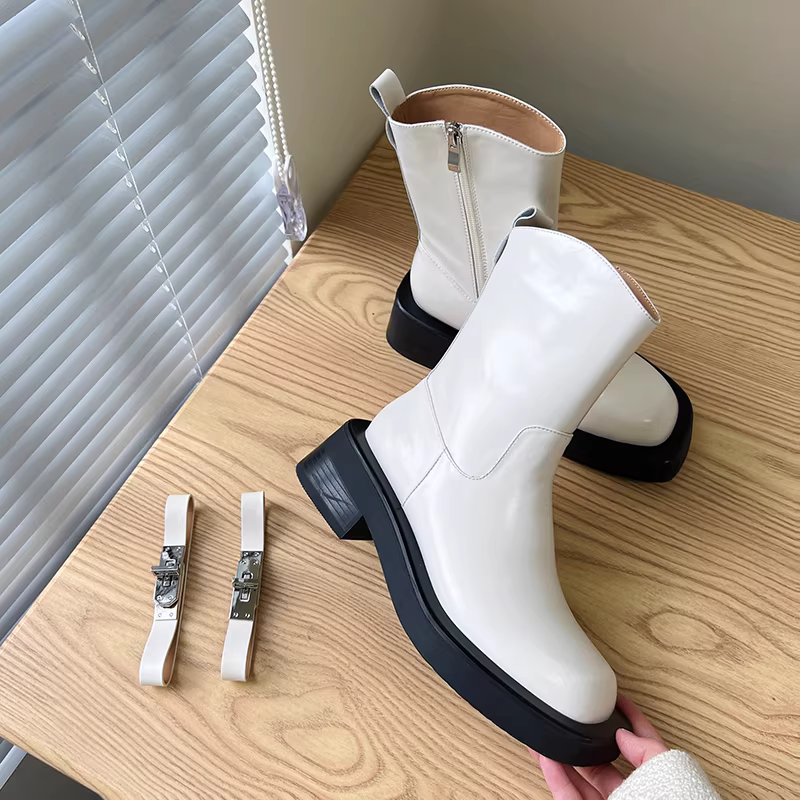 Giày bốt Martin kiểu Anh đế dày bằng da thật Pear Xiaoqi dành cho nữ, giày Chelsea phong cách đường phố ngọt ngào và cá tính, giày bốt ống khói đế phẳng, giày bốt ngắn.