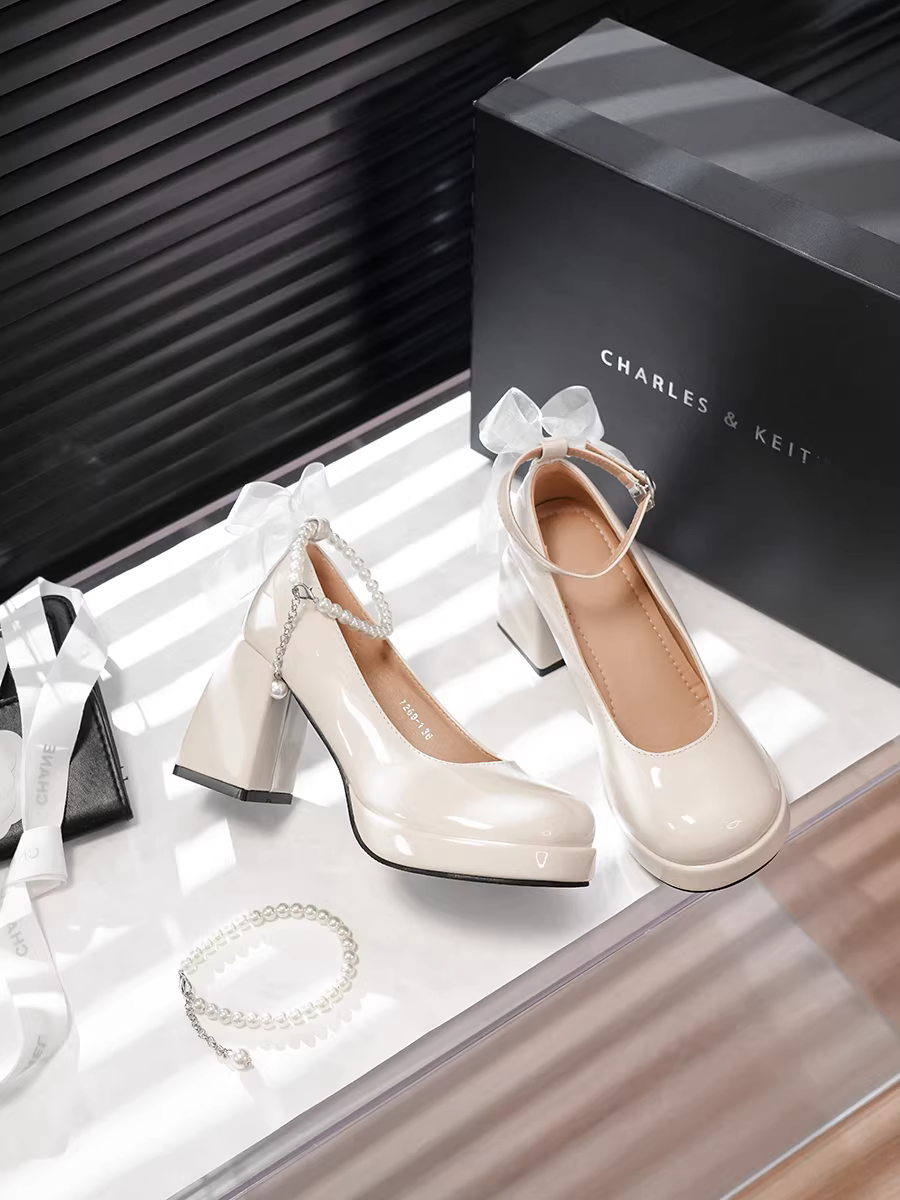 Giày cao gót, giày cưới nữ, giày Mary Jane nơ ngọc trai kiểu Pháp, giày đế dày chống thấm nước, giày phù dâu thanh lịch