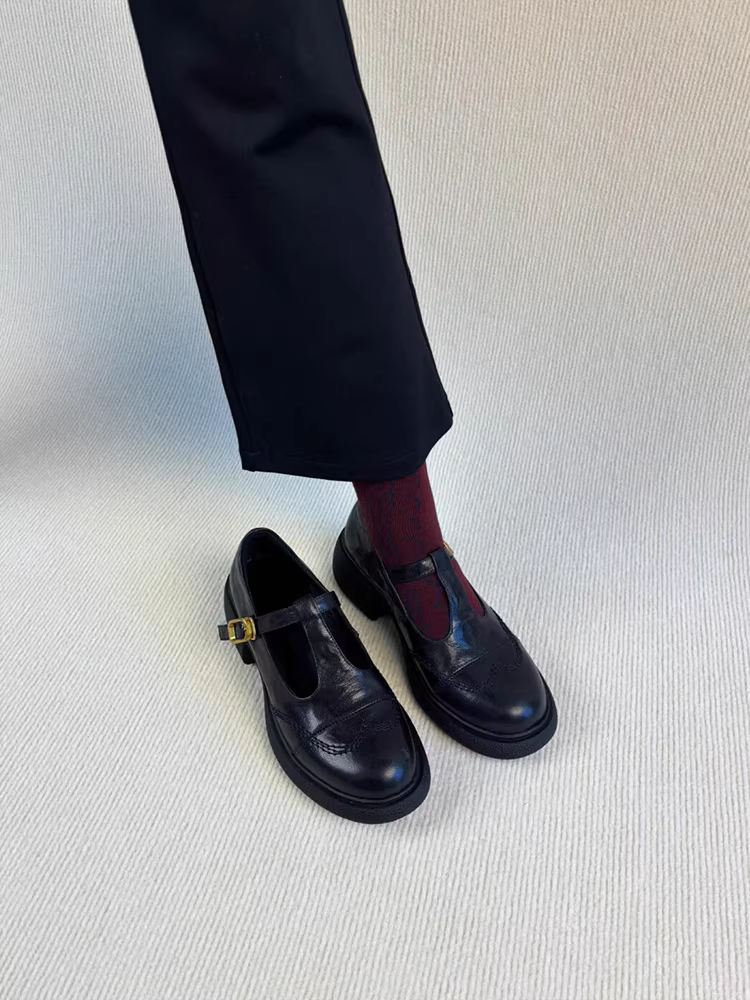 Phiên bản da cừu ~ Giày lười Mary Jane kiểu retro dành cho nữ, giày da nhỏ có quai chữ T rỗng, gót dày, đế dày, giày đơn mũi tròn