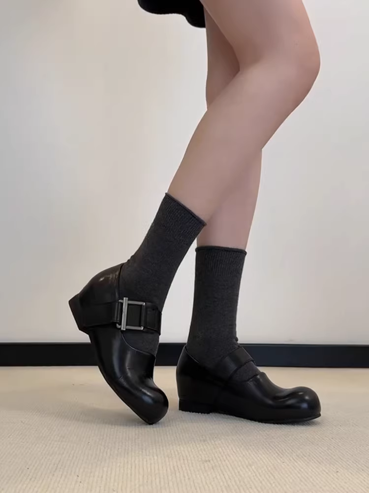 Phiên bản da cừu ~ Giày Mary Jane tăng chiều cao kiểu dáng độc đáo với mũi giày hình quả xoài, giày da thật phong cách retro dành cho nữ, thích hợp phối cùng váy.