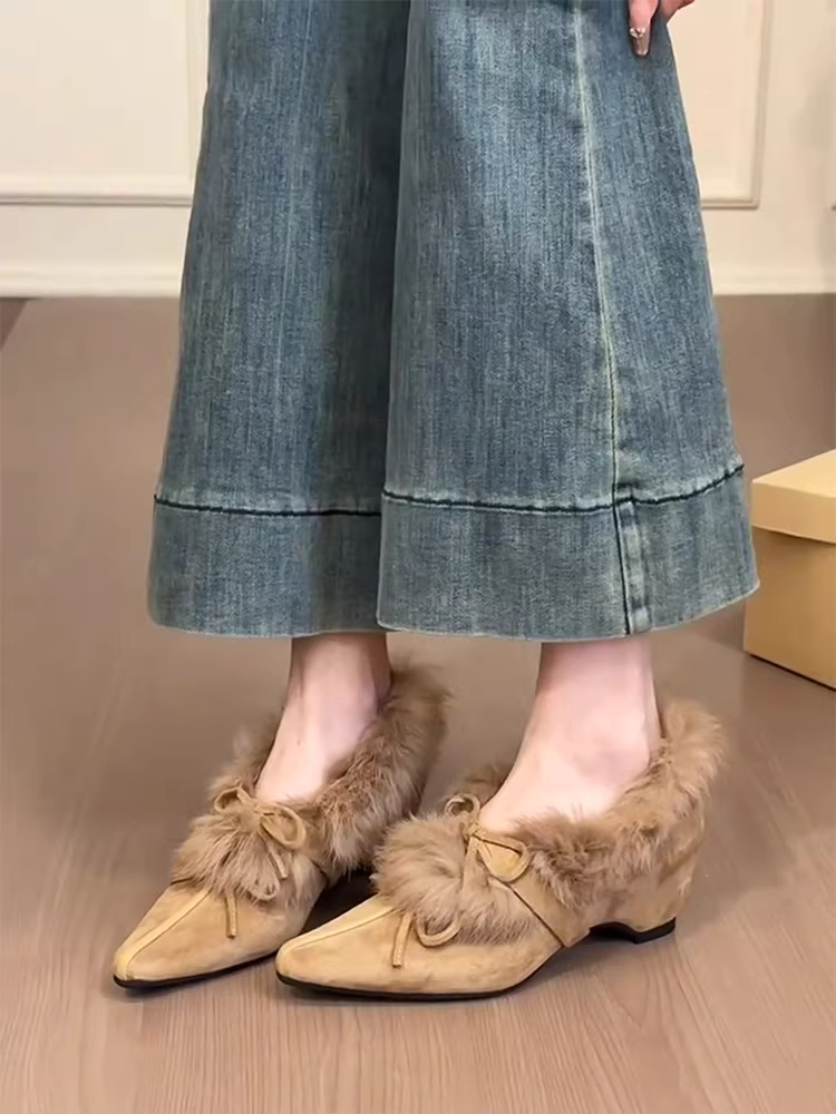 Phiên bản da cừu ~ Giày Mary Jane kiểu Pháp nhẹ nhàng có nơ, giày đơn lót lông cừu tăng chiều cao bên trong bằng da lộn thanh lịch dành cho nữ
