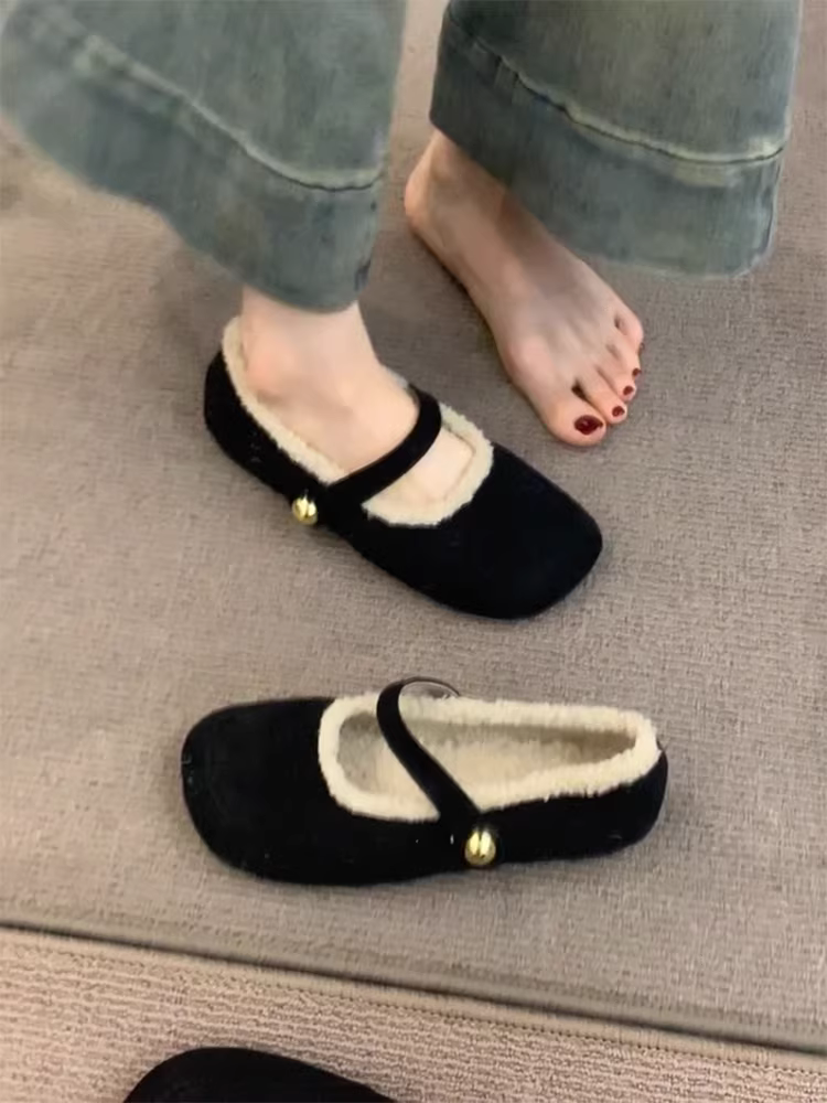 Phiên bản da cừu ~ Giày đơn mùa đông đa năng và ấm áp, được làm bằng da thật, có khóa đơn, thích hợp để mang ngoài trời, giày đế bằng bằng vải cotton lông.