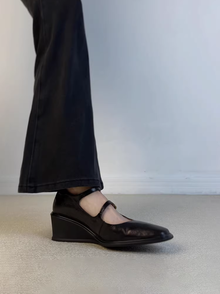 Phiên bản da cừu ~ Giày đế xuồng có khóa đôi bằng da thật dành cho nữ, giày da mũi vuông kiểu cổ điển, giày da nhỏ, giày Mary Jane tăng chiều cao.