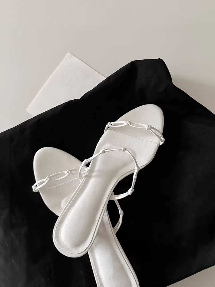 Phiên bản da cừu ~ Dép cao gót có dây đeo dệt theo phong cách tối giản dành cho nữ, mũi tròn, hở mũi, dép da thật đa năng kiểu cổ tích