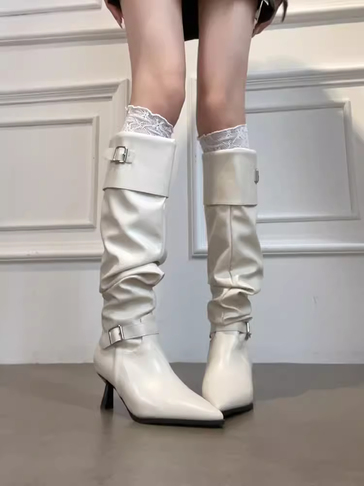 Phiên bản da bò~ Giày bốt xếp ly kiểu Pháp màu trắng da thật kiểu Pháp dành cho nữ với mũi nhọn và thiết kế khóa thắt lưng Giày bốt cao gót dài