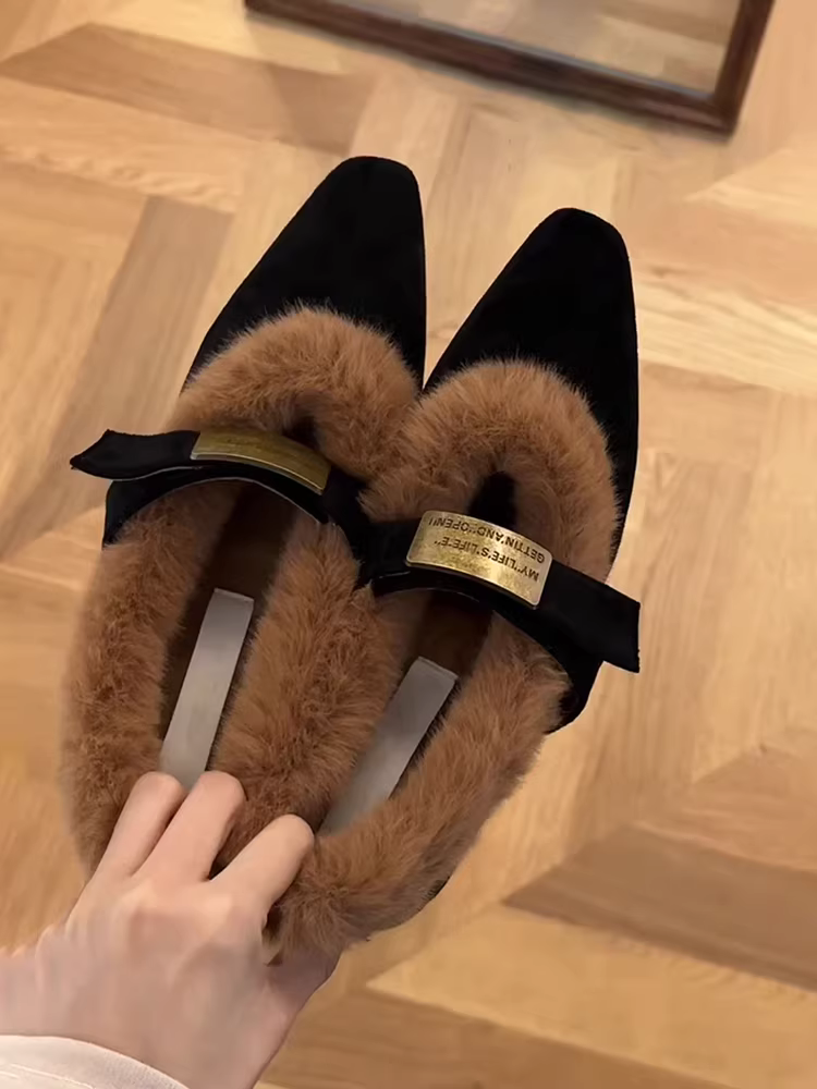 Phiên bản da cừu ~ Giày lười cổ điển dành cho nữ có lót lông thật, lông thỏ, lót lông mềm, giày đế dày ấm áp