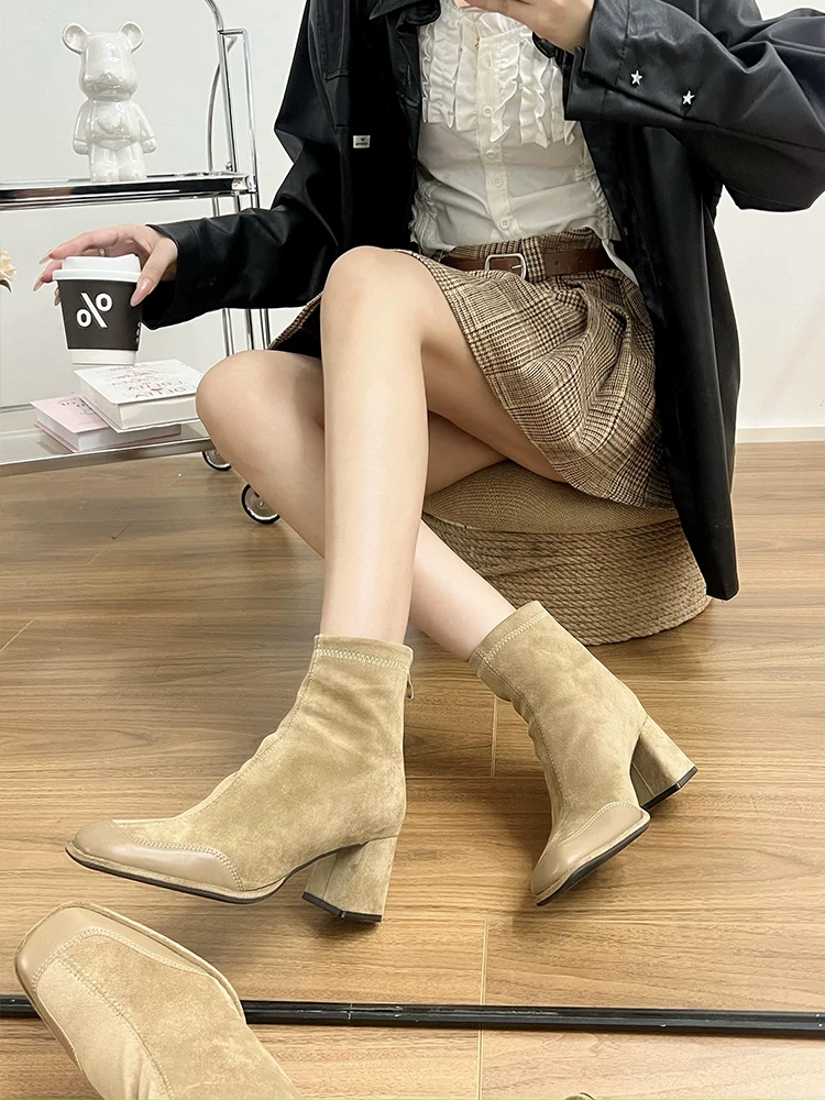 Phiên bản da bò ~ Giày bốt đế thấp bằng da lộn cổ điển dành cho nữ, mũi vuông kiểu Pháp, khóa kéo phía sau, giày bốt ngắn gót cao bằng da thật co giãn