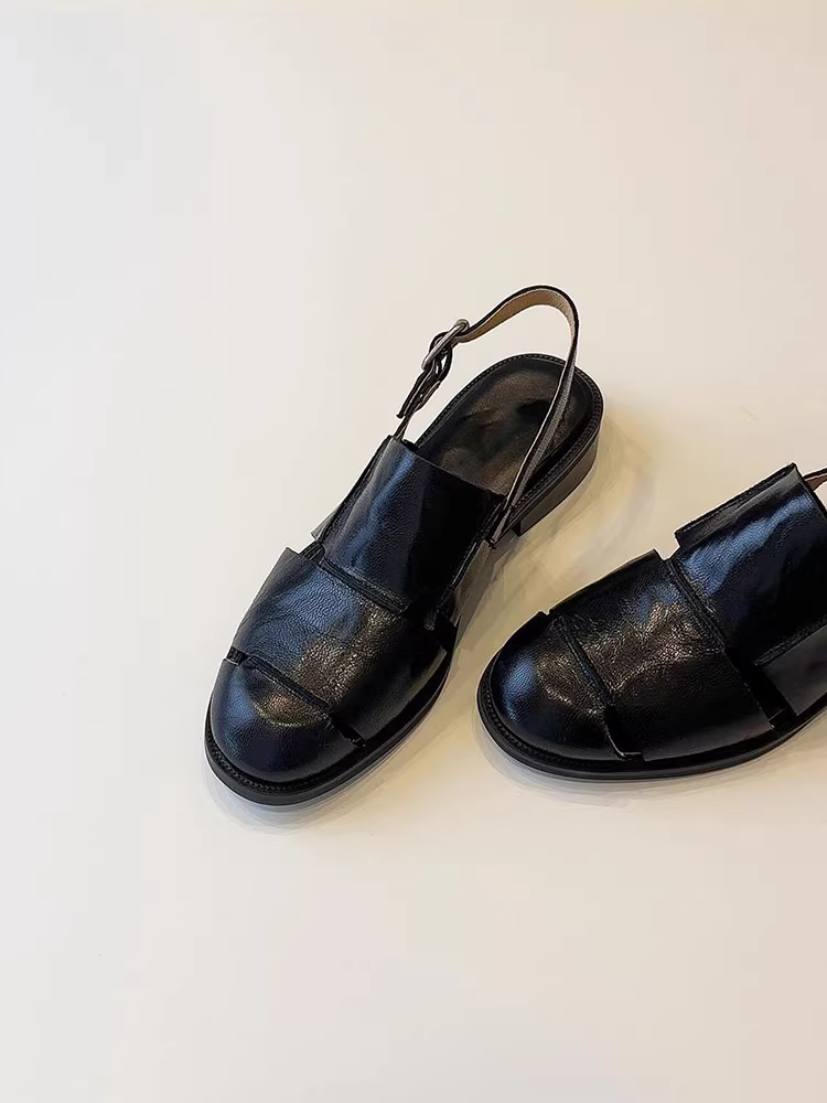 Phiên bản da cừu ~ dép quai hậu kiểu cổ điển, phong cách quý tộc, thiết kế khoét lỗ, mũi kín dành cho nữ, giày La Mã đế thấp bằng da thật đa năng có quai sau, thích hợp đi làm