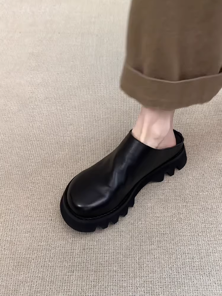 Phiên bản da cừu ~ Giày đế dày, mũi rộng, kiểu Birkenstock dành cho nữ, giày da thật đa năng kiểu retro, kiểu mules nửa gót có mũi kín.