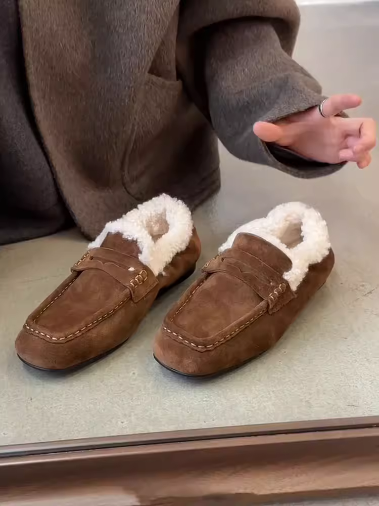 Phiên bản da cừu ~ giày lười mũi vuông bằng da lộn cổ điển dành cho nữ, giày đế bằng bằng da thật đơn giản, giày cotton mềm mại