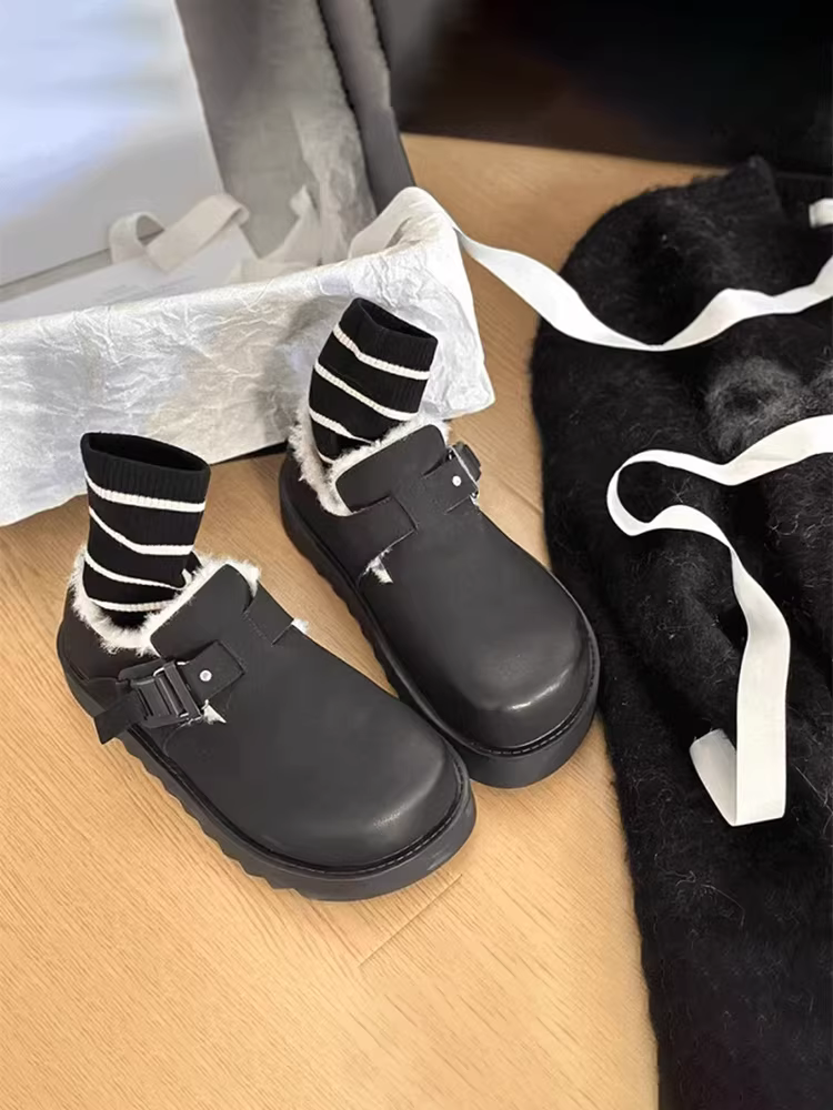 Phiên bản da cừu ~ Giày kiểu Birkenstock đế dày có khóa da lớn dành cho nữ, giày da thật kiểu retro có lót lông ấm áp, kiểu dáng cổ điển