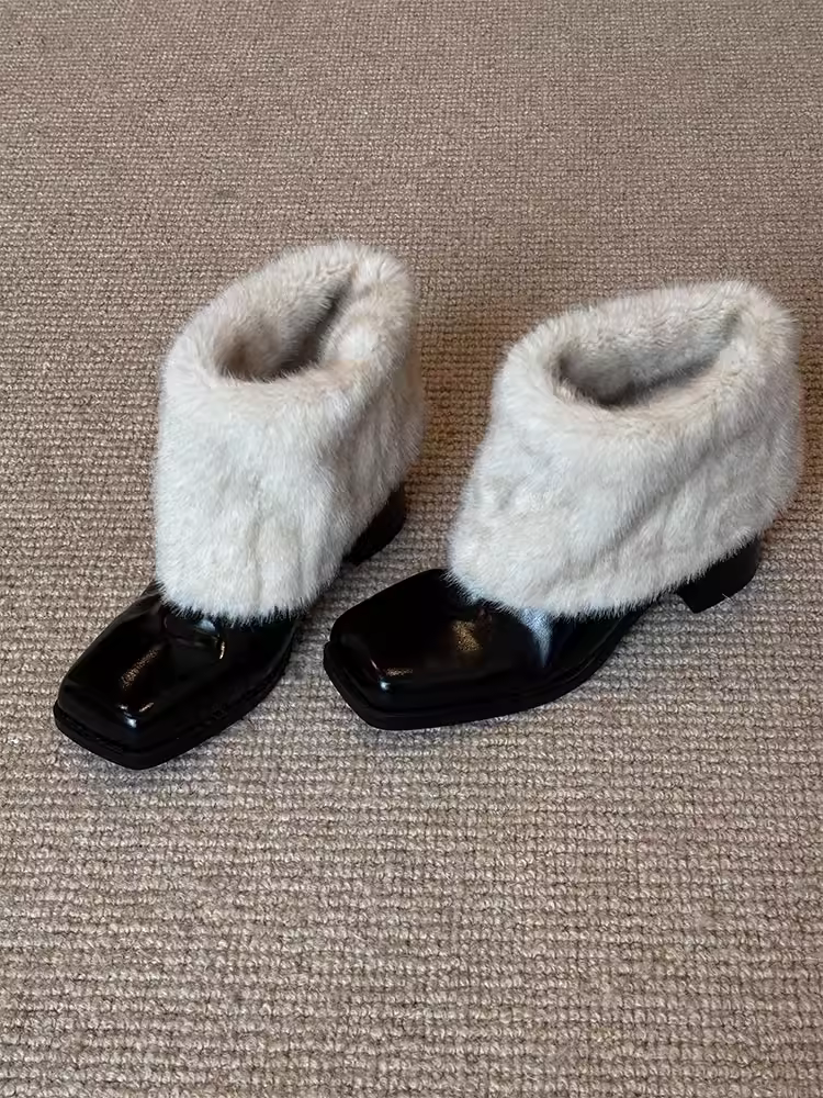 Phiên bản da bò ~ Giày bốt thời trang đa năng phong cách Pháp mới dành cho nữ, giày bốt ngắn có lót lông cừu đơn giản, mũi vuông thanh lịch, gót vuông, đơn giản