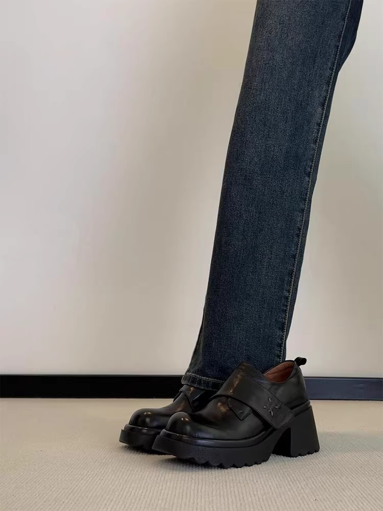 Phiên bản da bò ~ Giày đế dày đế dày chống thấm nước kiểu cổ điển dành cho nữ có mũi giày lớn, có khóa dán, giày da nhỏ kiểu slip-on