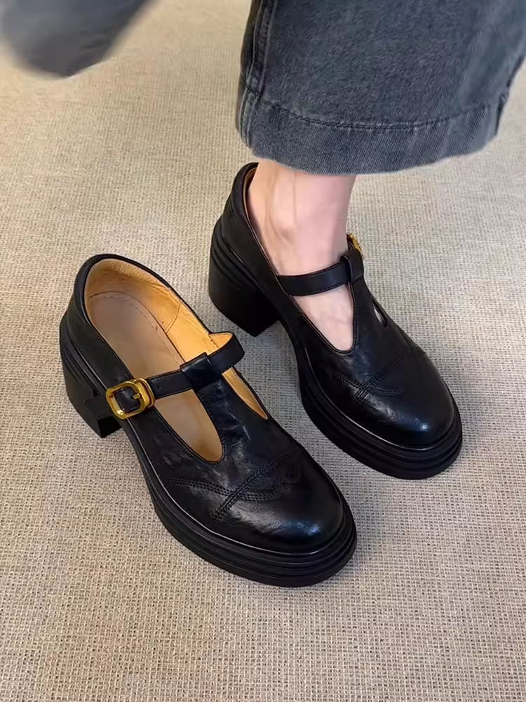 Phiên bản da cừu ~ Giày da nhỏ kiểu cổ điển kiểu Anh có đế dày, giày da nhỏ kiểu Anh, giày lười da thật, giày mũi tròn, giày Mary Jane.