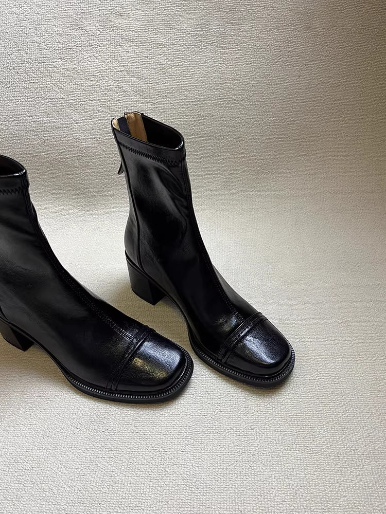Phiên bản da bò ~ Giày bốt ôm sát đa năng đi làm dành cho nữ, da thật cổ điển, giày cao gót mũi vuông đơn giản, giày bốt Martin có khóa kéo phía sau