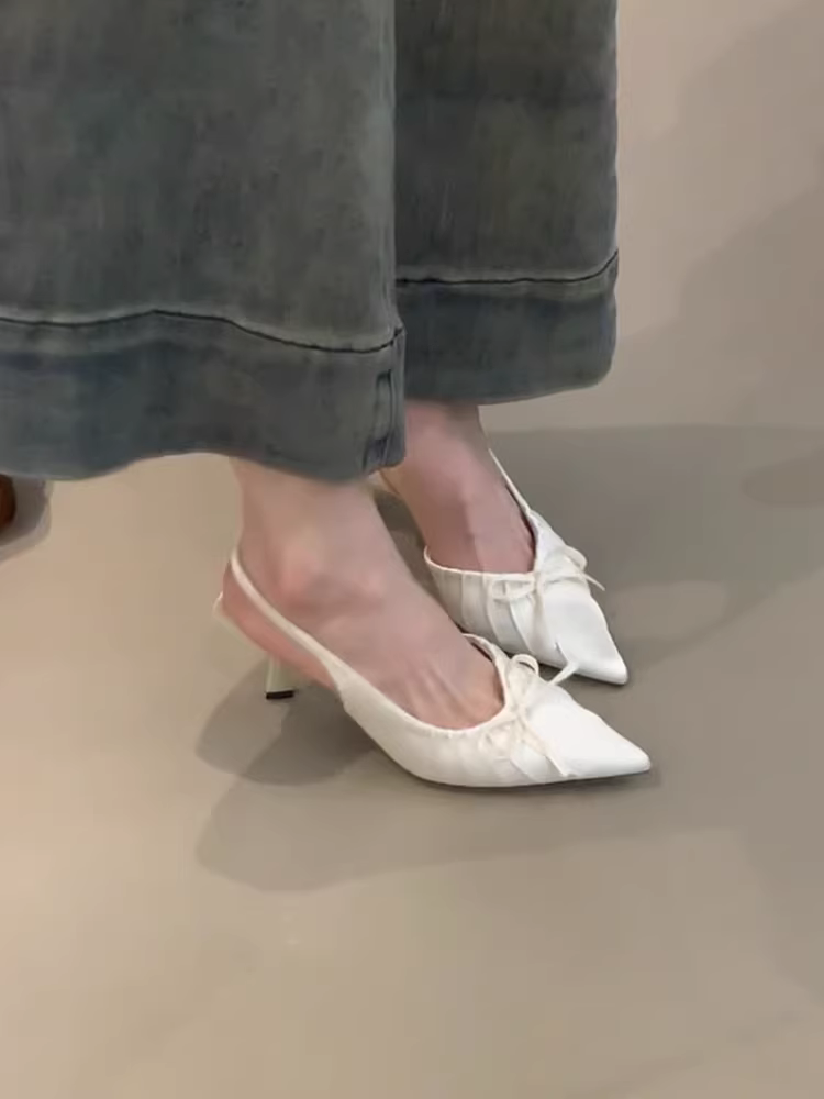 Phiên bản da cừu~ Giày cao gót thanh lịch kiểu Pháp dành cho nữ, giày mũi nhọn, dép quai hậu thắt nơ