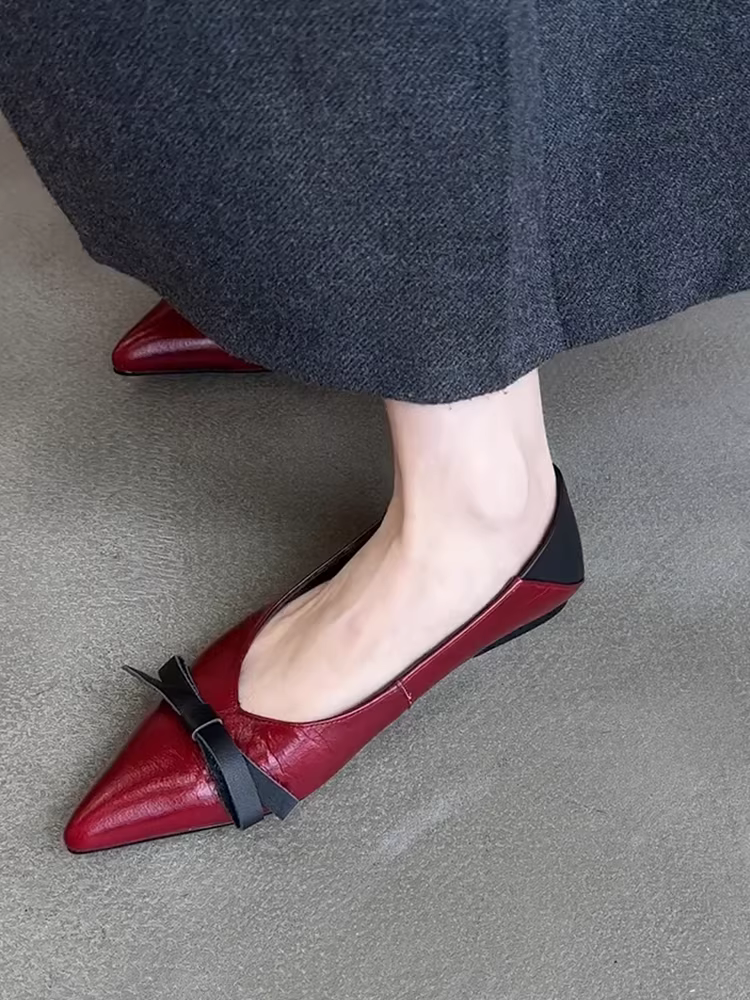 Phiên bản da cừu ~ Giày bệt mũi nhọn màu đỏ thanh lịch dành cho nữ có nơ, giày đi làm đế mềm bằng da thật kiểu chữ V