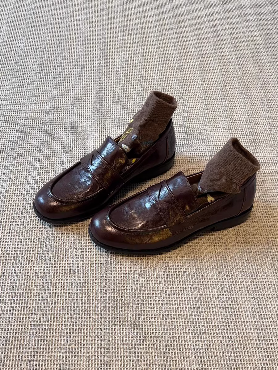 Phiên bản da cừu ~ giày lười da thật cổ điển dành cho nữ, gót dày, giày đế bằng, giày da nhỏ kiểu Anh, giày lười