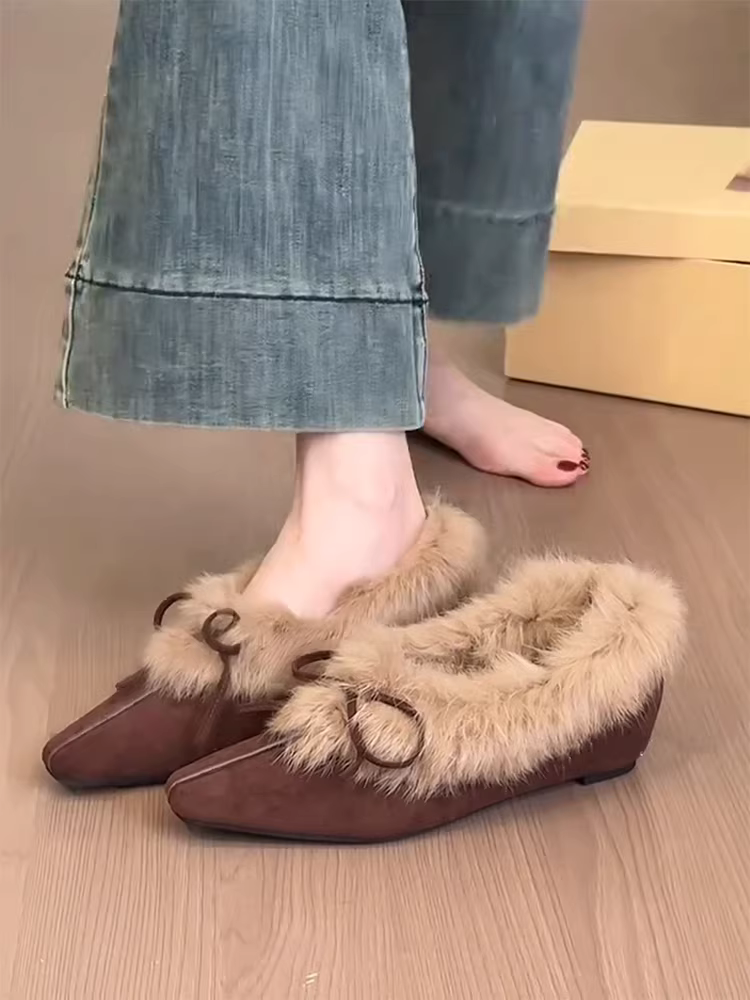 Phiên bản da cừu~ Giày lông thú phong cách Hàn Quốc dành cho nữ, giày mũi vuông nhỏ kiểu lười có nơ, giày đế bằng tăng chiều cao bên trong bằng da lộn