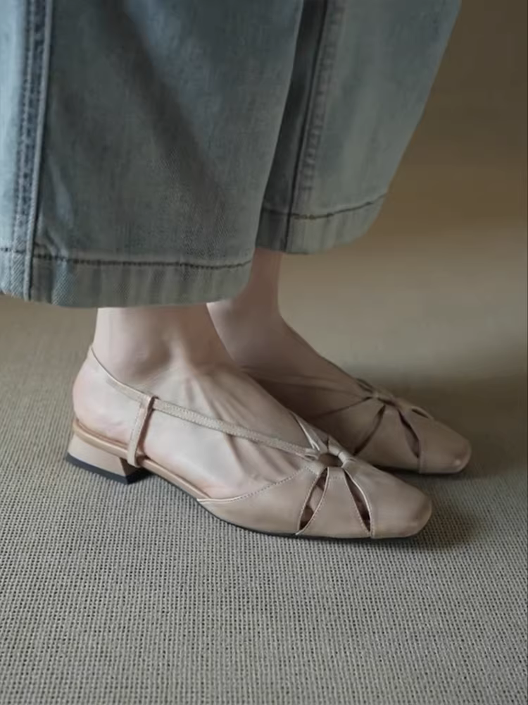 Phiên bản da cừu ~ Dép quai ngang hở lưng bằng da thật phong cách retro nghệ thuật dành cho nữ, mũi vuông, giày bít mũi gót thấp thanh lịch.