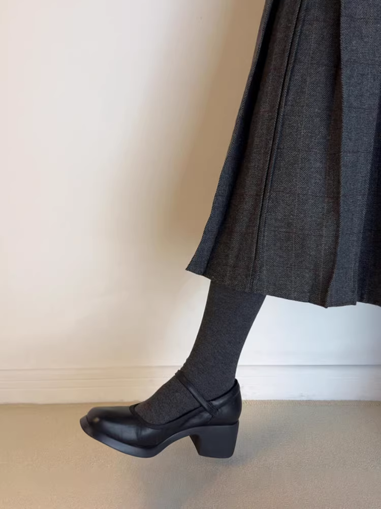 Phiên bản da cừu ~ Giày Mary Jane da thật có gót dày dành cho nữ, mũi tròn, gót vừa, miệng nông, khóa quai đơn, giày da nhỏ thanh lịch.