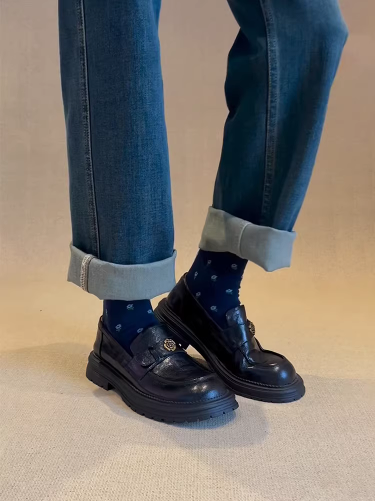 Phiên bản da bò ~ Giày lười đế dày hoa trà cổ điển dành cho nữ, giày da thật mũi tròn kiểu Anh, giày da đế dày kiểu Anh