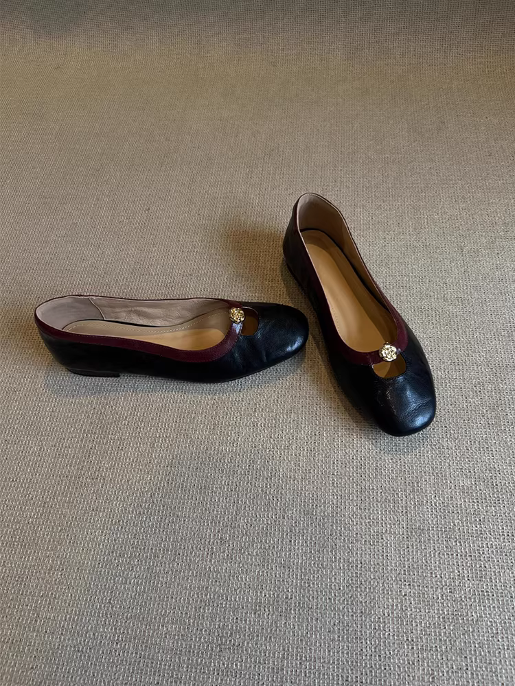 Phiên bản da cừu ~ Giày bệt hoa trà dành cho nữ, giày Mary Jane mũi tròn nông kiểu Chanel cổ điển kiểu Pháp