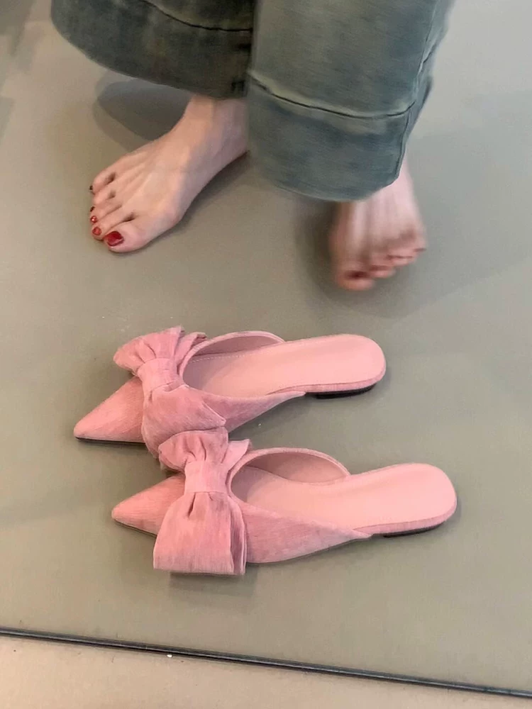 Phiên bản da cừu ~ Giày nửa dép mũi nhọn bằng da lộn kiểu Pháp dành cho nữ, giày sandal có dây buộc nơ bên ngoài kiểu mules