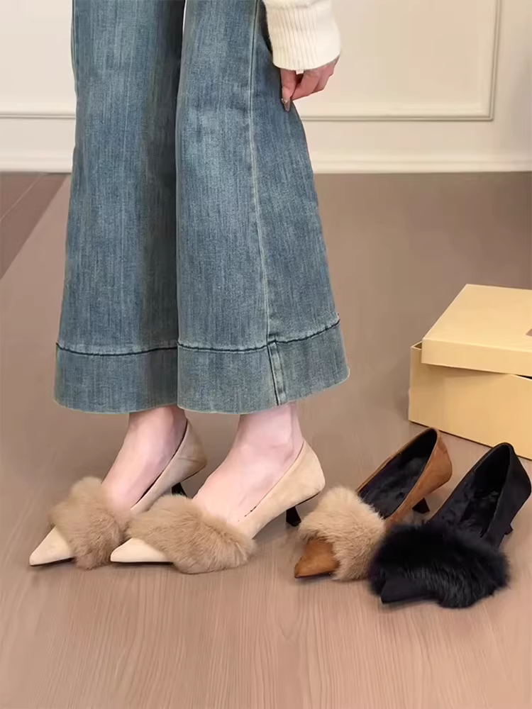 Phiên bản da cừu ~ Giày cao gót nữ nhẹ nhàng và thanh lịch, kiểu lười có lớp lót lông mềm mại, thoải mái và không gây mỏi, mũi nhọn, giày đơn giản thời trang và thanh lịch.
