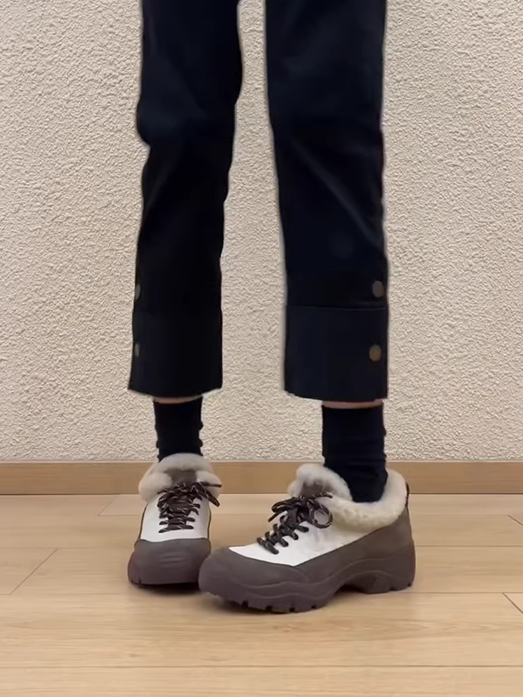 Phiên bản da cừu ~ Giày tập luyện da thật phối màu đa năng của Đức dành cho phụ nữ nhỏ nhắn, giày bốt cổ tròn buộc dây cổ sâu, đế dày kiểu cổ điển