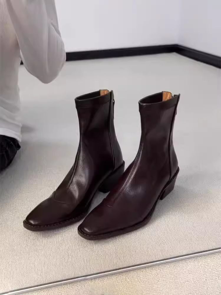 Phiên bản da bò ~ Giày bốt da thật đế dày thời trang dành cho nữ, kiểu Pháp có khóa kéo phía sau mũi vuông, giày bốt co giãn thanh lịch