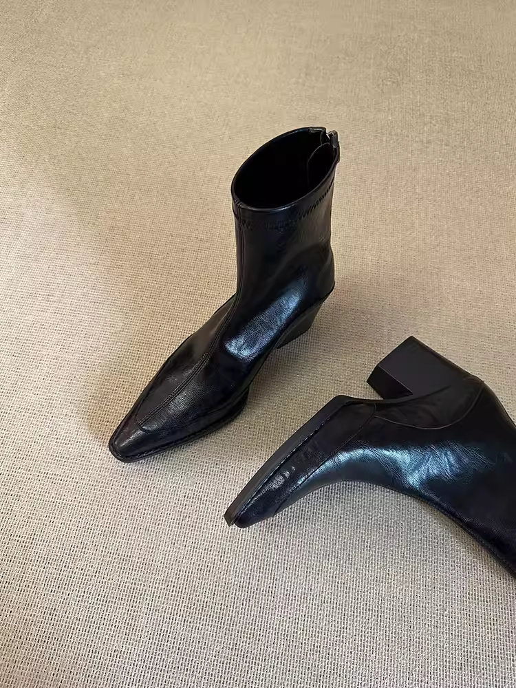 Phiên bản da bò~giày bốt da thật kiểu dáng thanh lịch mũi nhọn dành cho nữ có khóa kéo phía sau, gót dày, thon gọn, đi làm, bốt ngắn co giãn