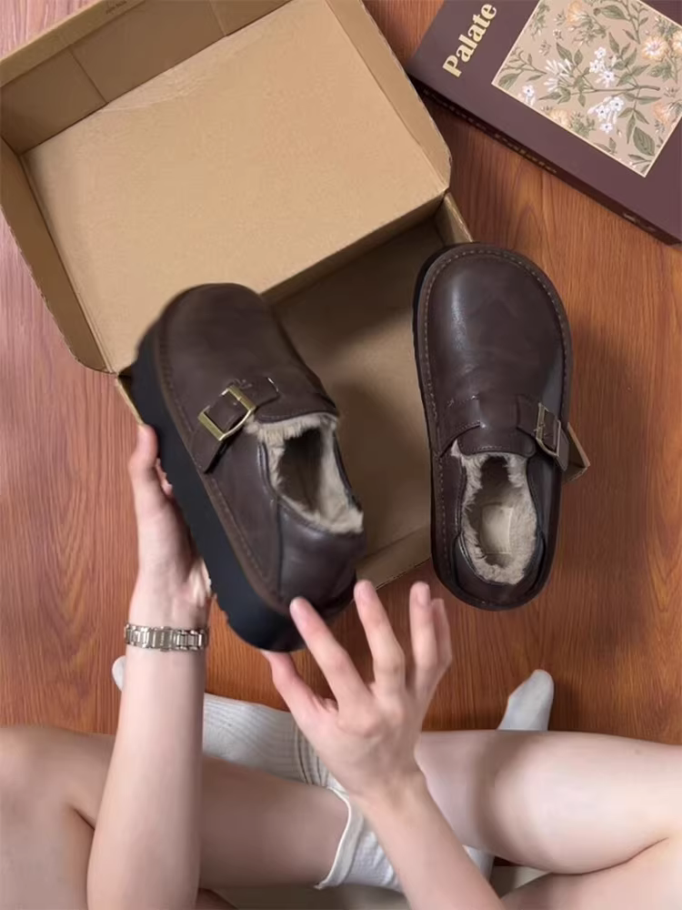 Phiên bản da bò ~ Giày Birkenstock đế dày mùa đông bằng da thật chống trượt dành cho nữ, giày lót lông ấm áp kiểu cổ điển có lót lông cừu