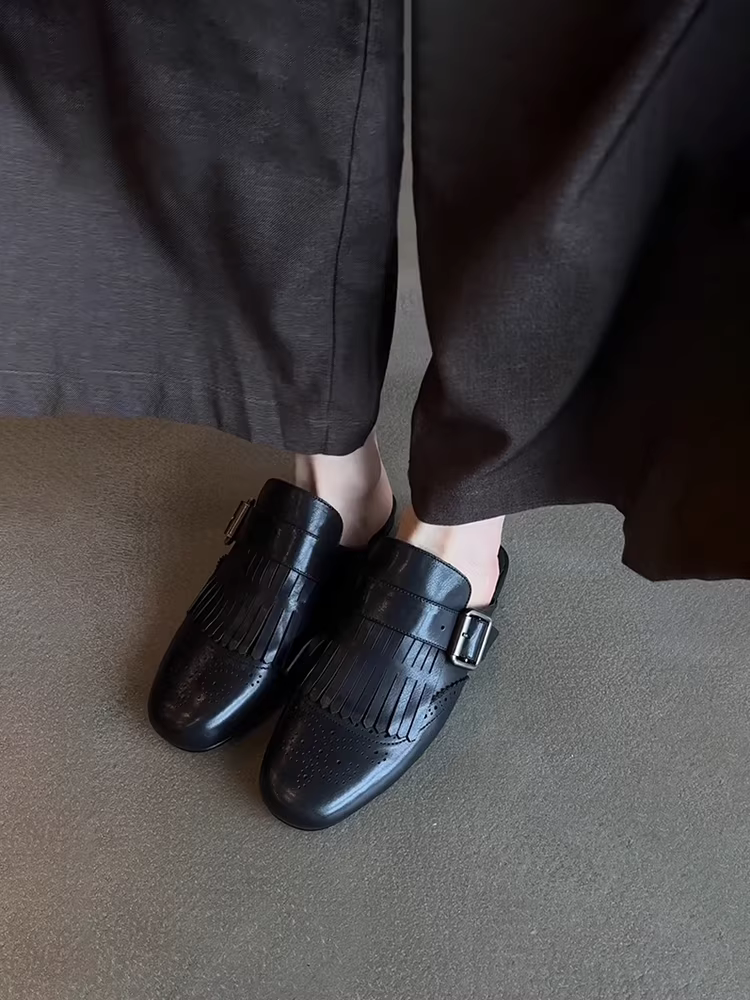 Phiên bản da cừu ~ dép nửa đế tua rua đa năng kiểu cổ điển dành cho nữ, giày mule mũi kín có khóa thắt lưng kiểu brogue bằng da thật