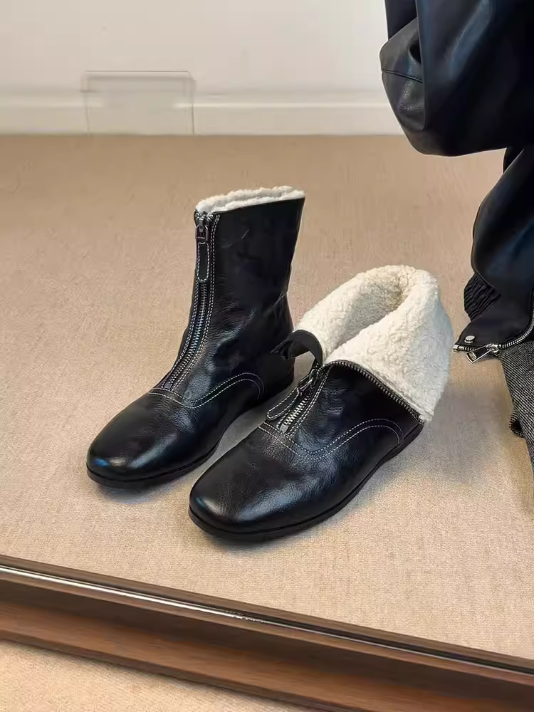 Phiên bản da bò~ Giày bốt thời trang đế bằng đa năng kiểu Pháp có thể mang hai chiều, thiết kế đơn giản dành cho nữ có khóa kéo phía trước, giày bốt ngắn mũi tròn bằng da thật
