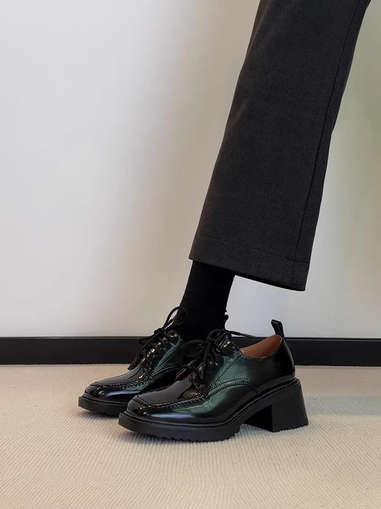 Phiên bản da cừu ~ Giày lười đế dày mũi tròn kiểu Anh bằng da sáng chế dành cho nữ, giày da đế dày buộc dây đơn giản, kiểu dáng sâu, thích hợp đi làm