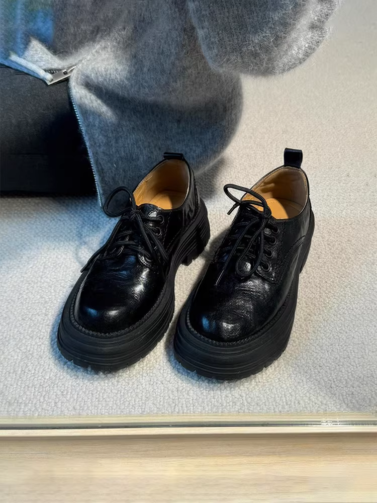 Phiên bản da cừu ~ Giày da thật đế dày kiểu Anh có dây buộc dành cho nữ, giày đế tròn mũi tròn kiểu cổ điển đa năng phong cách đại học