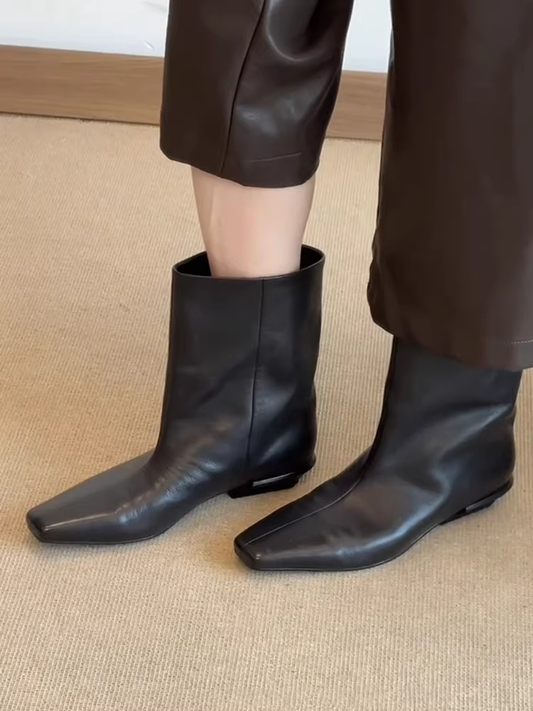 Phiên bản da bò ~ phong cách cổ điển, giày bốt thời trang mũi vuông độc đáo và độc đáo dành cho nữ, giày bốt phương Tây bằng da thật có gót thấp, đơn giản và thanh lịch.