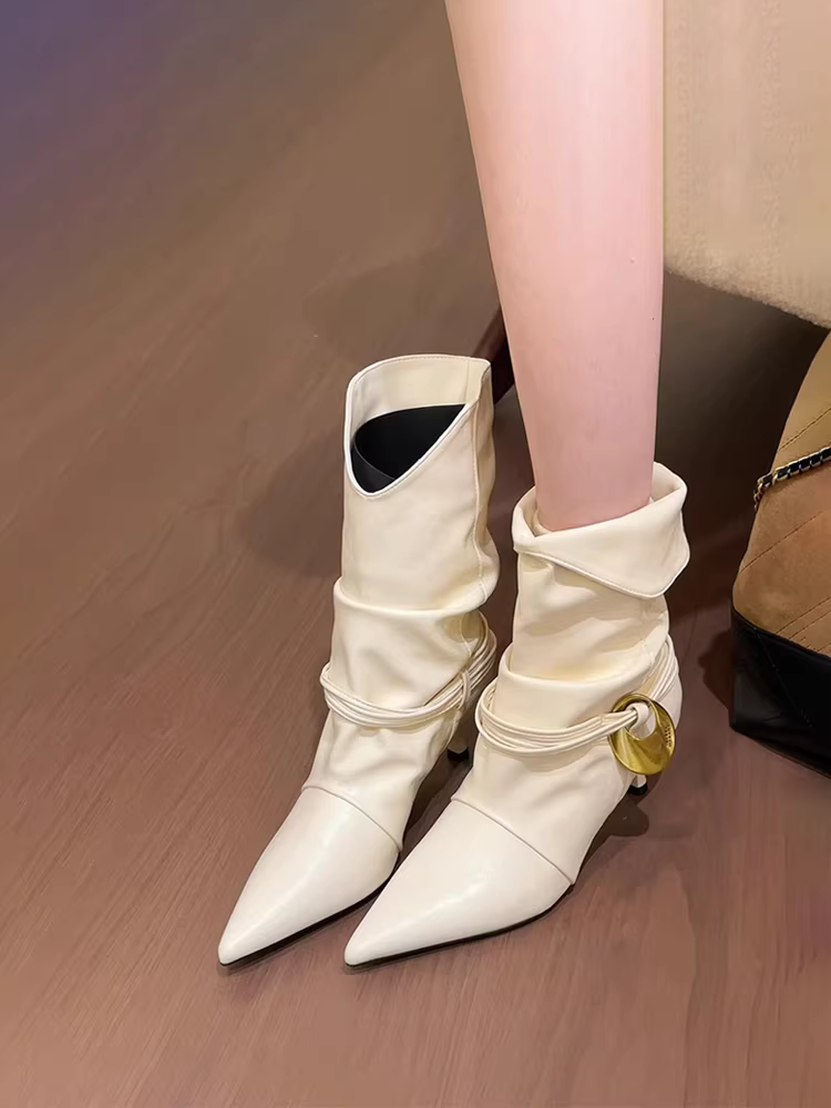 Phiên bản da bò ~ Giày bốt xếp ly kiểu dáng cổ điển bằng da thật mũi nhọn giúp thon gọn chân dành cho nữ, phong cách đường phố hot girl, giày cao gót trắng kiểu Tây