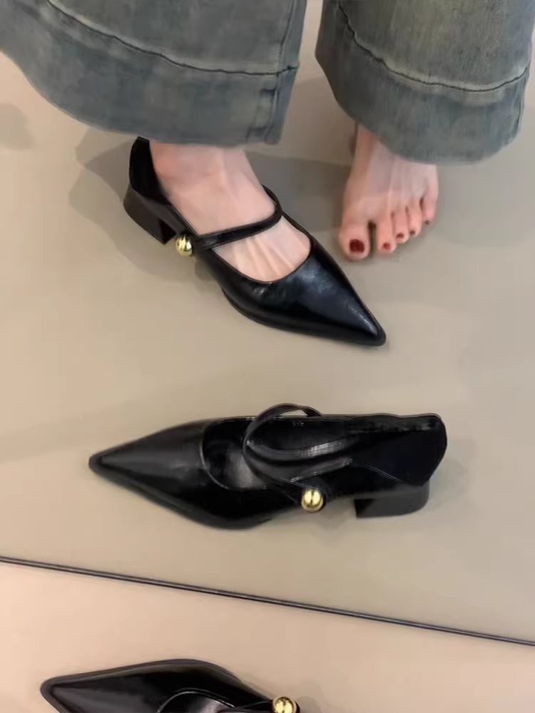 Phiên bản da cừu ~ Giày Mary Jane mũi nhọn kiểu cổ điển có khóa dán, giày đế dày, giày đi làm đa năng bằng da thật có miệng nông dành cho nữ